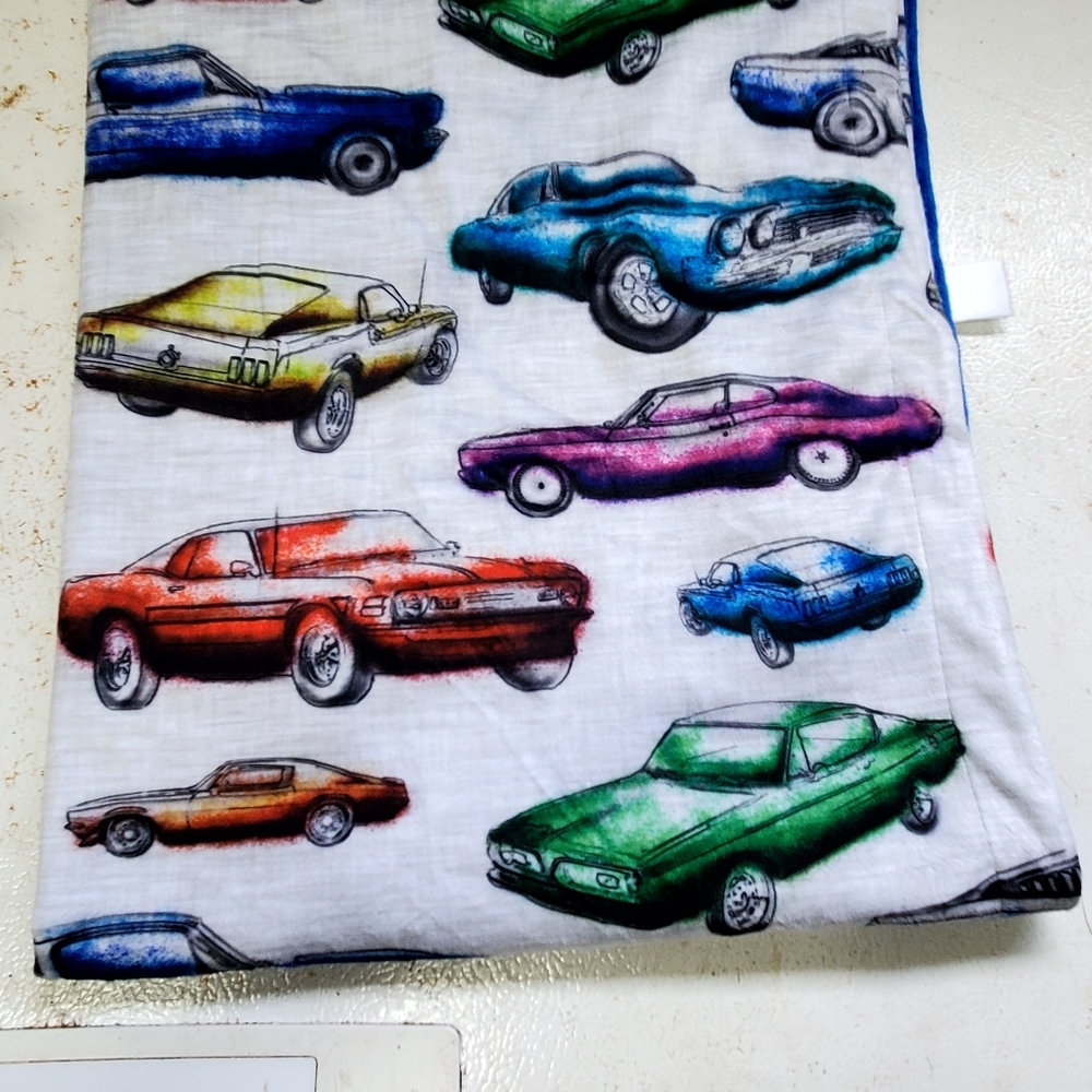28x34" infant minky vintage car with royal blue back